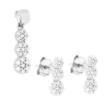 Parure Set Orecchini e Ciondolo con Trilogy Fiori Cubic Zirconia Bianchi in ARGENTO 925 Galvanica Rodio