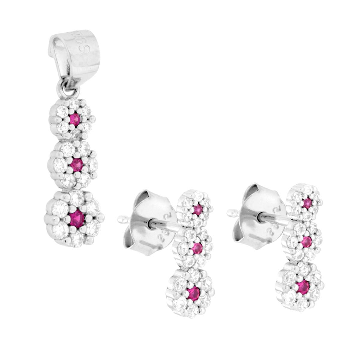 Parure Set Orecchini e Ciondolo con Trilogy Fiori Cubic Zirconia Rosso Rubino e Bianchi in ARGENTO 925 Galvanica Rodio