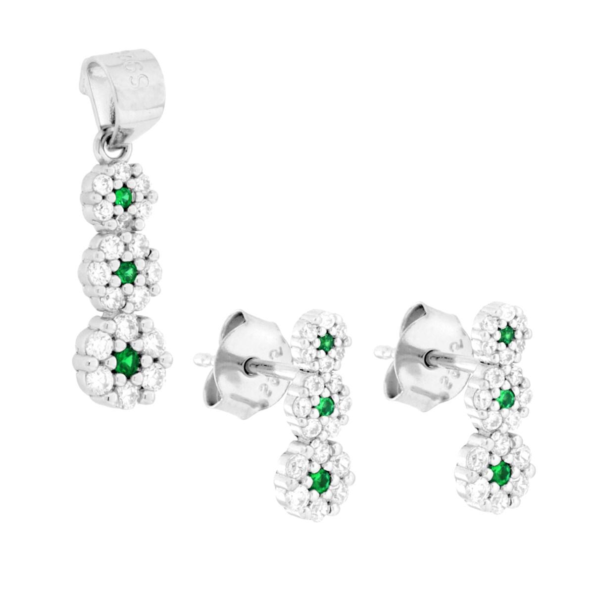 Parure Set Orecchini e Ciondolo con Trilogy Fiori Cubic Zirconia Verde Smeraldo e Bianchi in ARGENTO 925 Galvanica Rodio