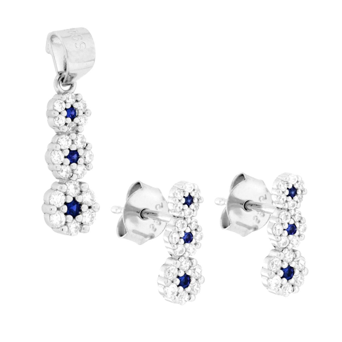 Parure Set Orecchini e Ciondolo con Trilogy Fiori Cubic Zirconia Blu Zaffiro e Bianchi in ARGENTO 925 Galvanica Rodio
