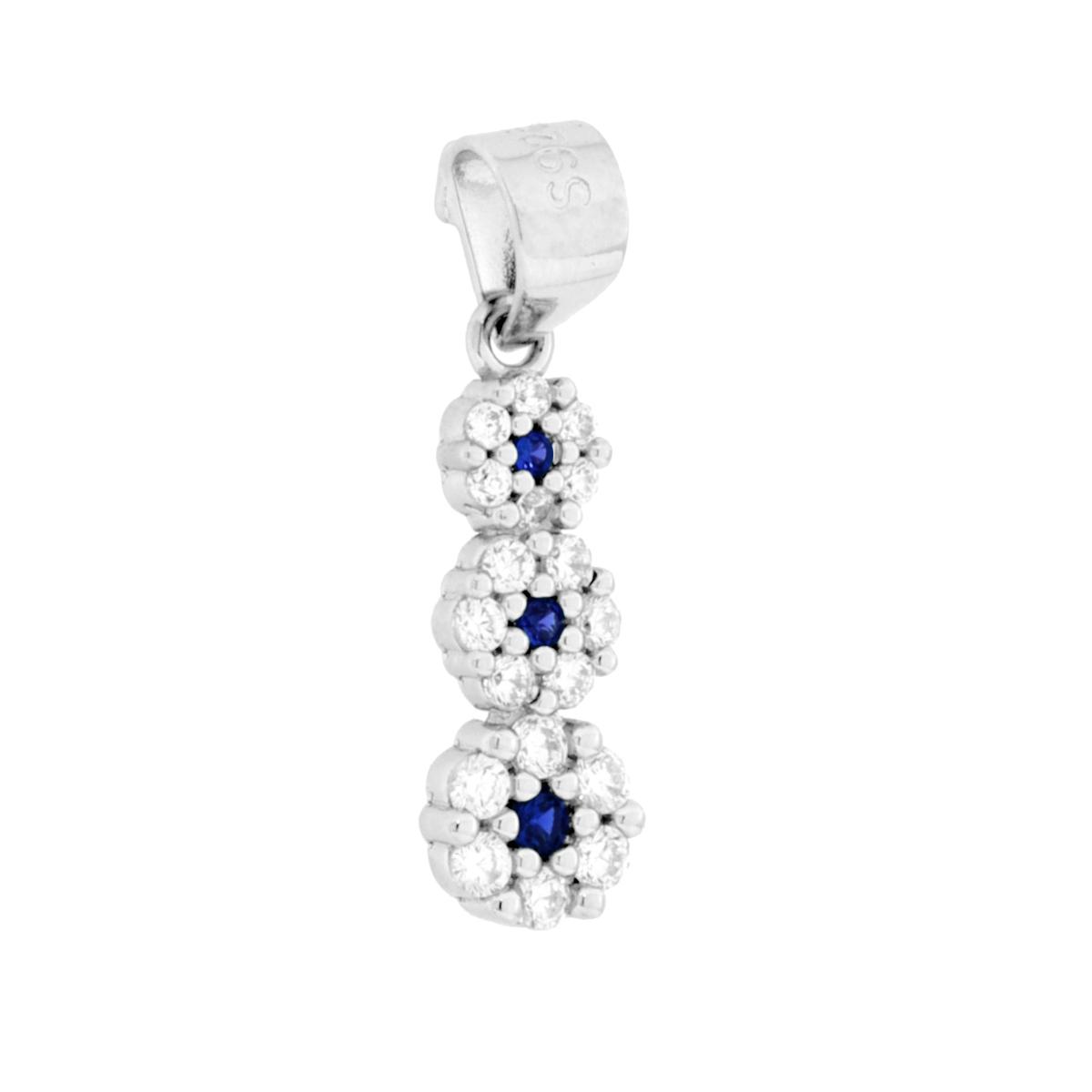 Parure Set Orecchini e Ciondolo con Trilogy Fiori Cubic Zirconia Blu Zaffiro e Bianchi in ARGENTO 925 Galvanica Rodio