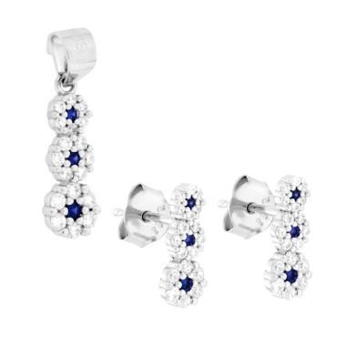 Parure Set Orecchini e Ciondolo con Trilogy Fiori Cubic Zirconia Blu Zaffiro e Bianchi in ARGENTO 925 Galvanica Rodio