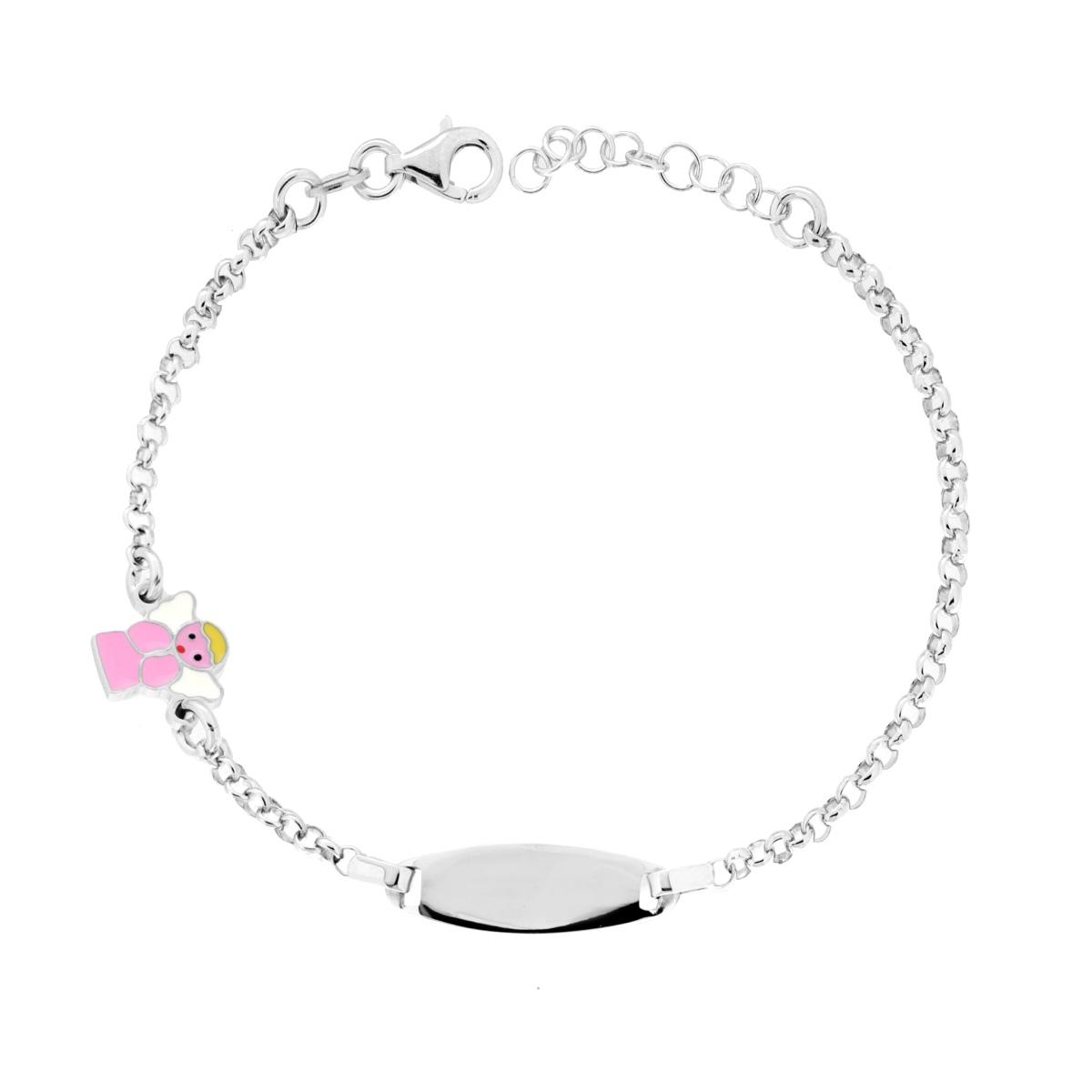 Bracciale Bimbo Bimba Catena Rolo con Targa Ovale e Angelo con Smalto Rosa in ARGENTO 925 Galvanica Rodio
