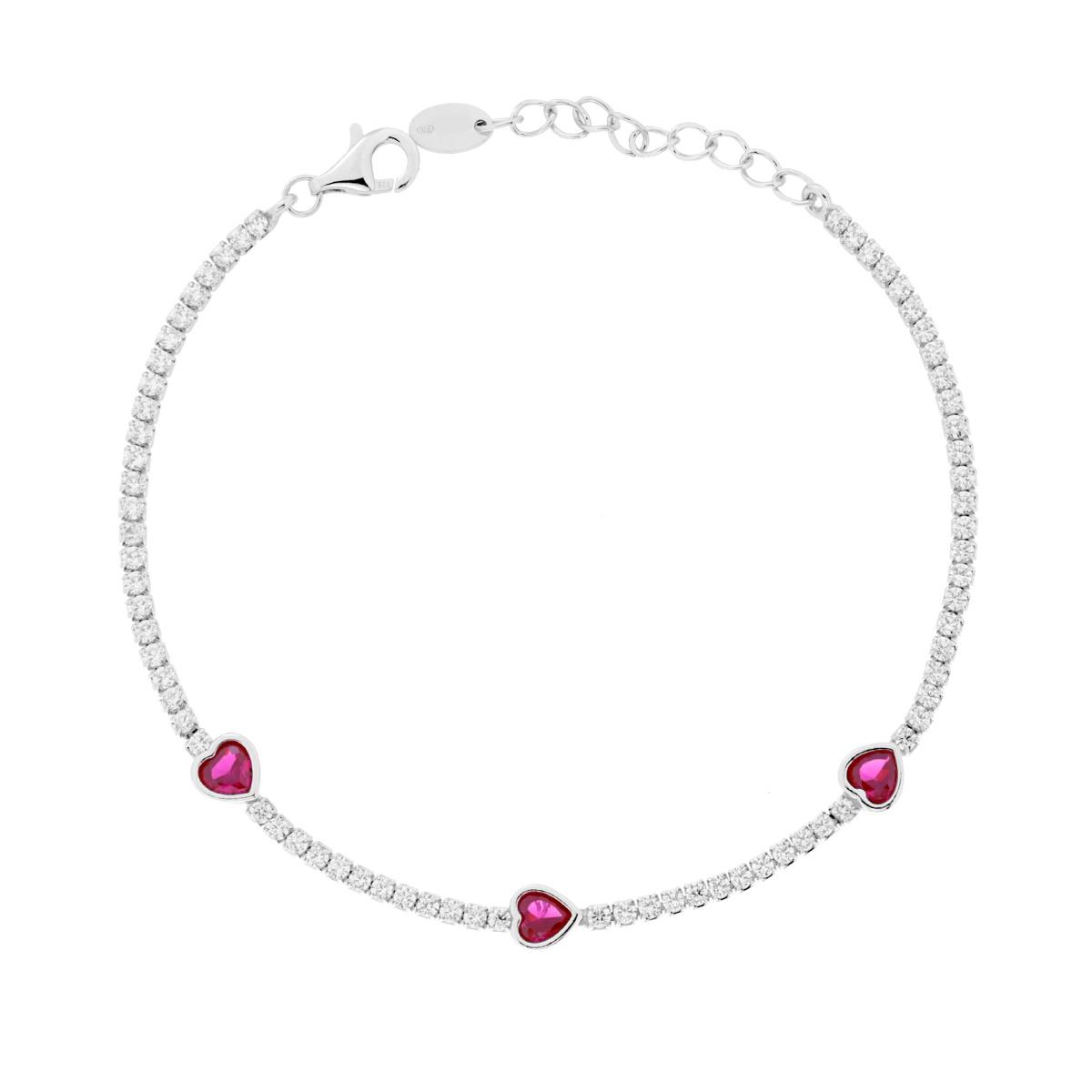 Bracciale Tennis con Cuori Rosso Rubino e Cubic Zirconia Bianchi in ARGENTO 925 Galvanica Rodio