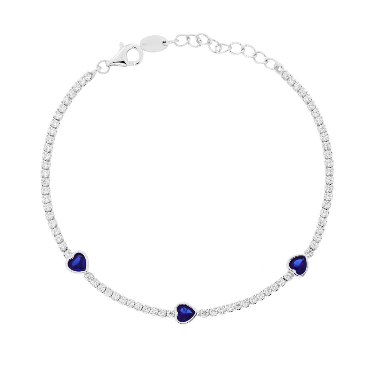 Bracciale Tennis con Cuori Blu Zaffiro e Cubic Zirconia Bianchi in ARGENTO 925 Galvanica Rodio