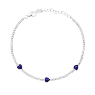 Bracciale Tennis con Cuori Blu Zaffiro e Cubic Zirconia Bianchi in ARGENTO 925 Galvanica Rodio