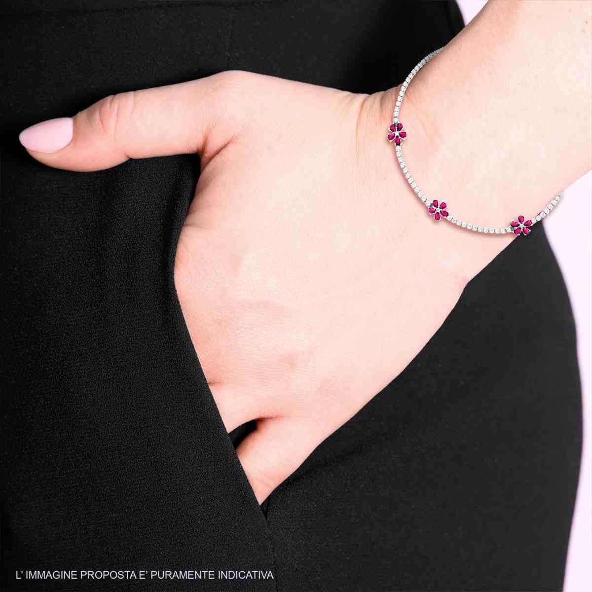 Bracciale Tennis con Fiori Rosso Rubino e Cubic Zirconia Bianchi in ARGENTO 925 Galvanica Rodio