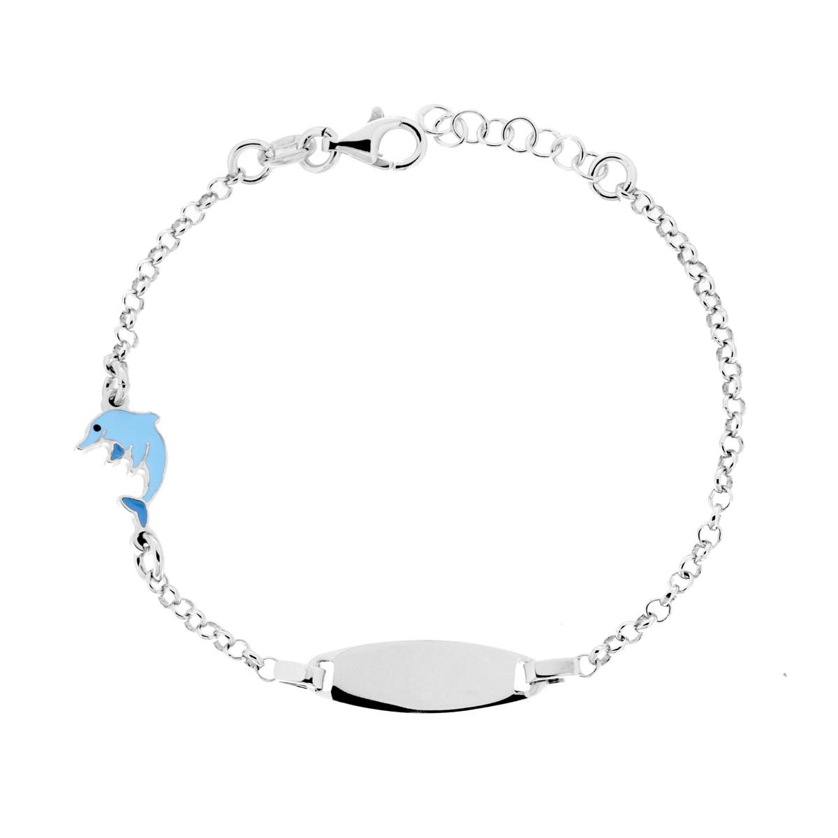 Bracciale Bimbo Bimba Catena Rolo con Targa Ovale e Delfino con Smalto Azzurro in ARGENTO 925 Galvanica Rodio