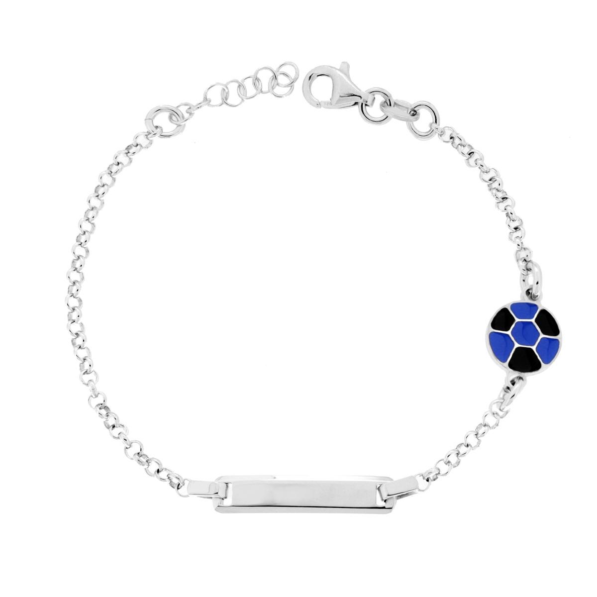 Bracciale Bimbo Bimba Catena Rolo con Targa Rettangolare e Palla Calcio con Smalto Blu e Nero in ARGENTO 925 Galvanica Rodio