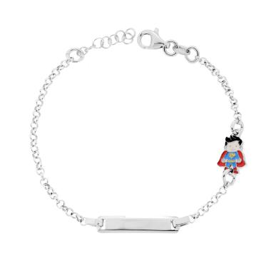 Bracciale Bimbo Bimba Catena Rolo con Targa Rettangolare e Personaggio Superman con Smalto Multicolor in ARGENTO 925 Galvanica Rodio