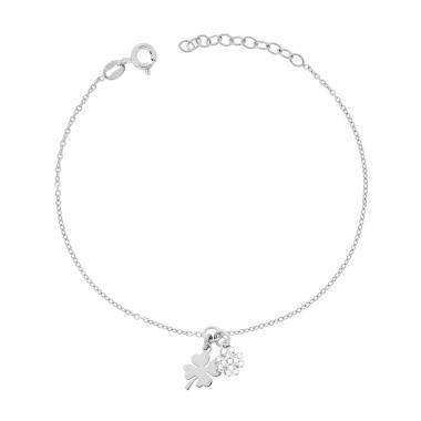 Bracciale Catena Forzatina Diamantata con Quadrifogli e Cubic Zirconia Bianchi in ARGENTO 925 Galvanica Rodio