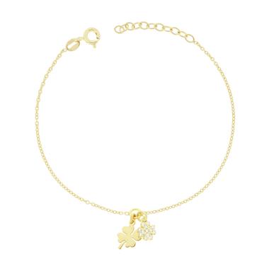 Bracciale Catena Forzatina Diamantata con Quadrifogli e Cubic Zirconia Bianchi in ARGENTO 925 Galvanica Oro