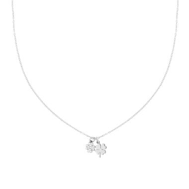 Collana Catena Forzatina Diamantata con Quadrifogli e Cubic Zirconia Bianchi in ARGENTO 925 Galvanica Rodio