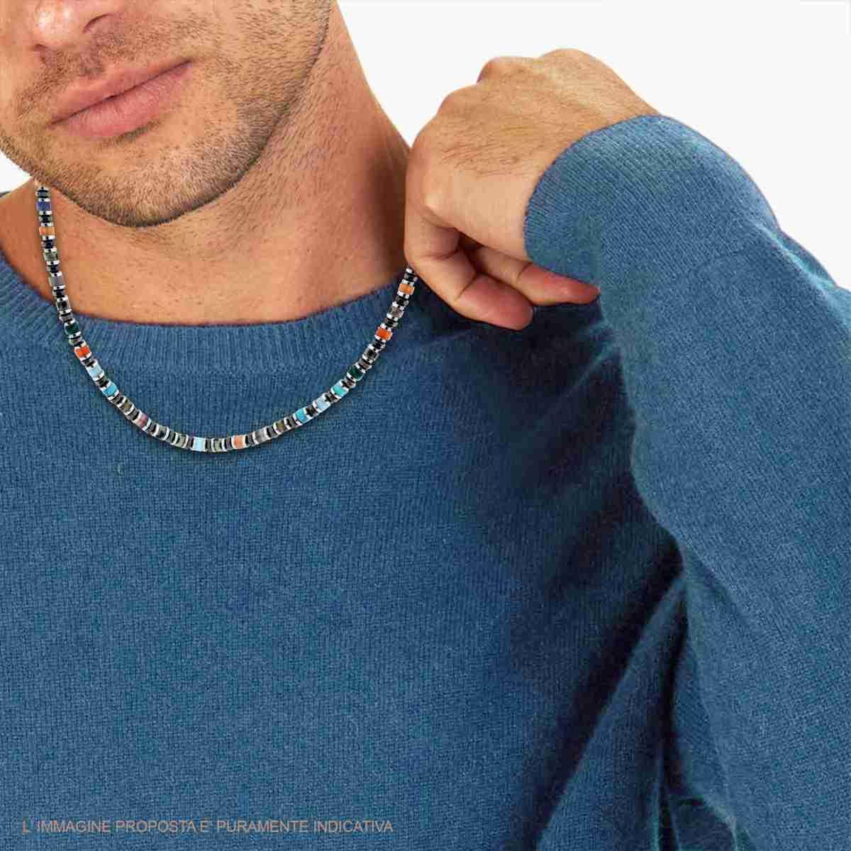 Collana Catena con Anelli e Cilindretti Pietre Multicolor in ACCIAIO