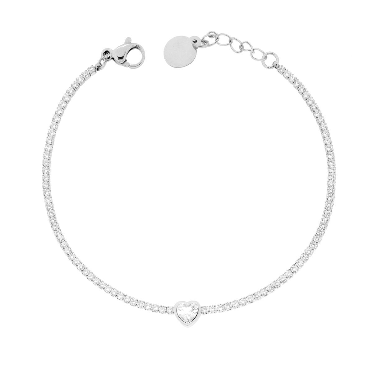 Bracciale Tennis con Cuore e Crystal Bianchi cm 17+3 in ACCIAIO