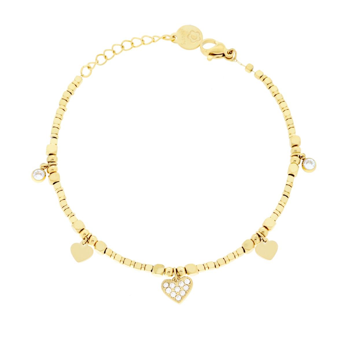 Bracciale Catena con Cubetti Cuori pendenti e Crystal Bianchi in ACCIAIO colore Oro