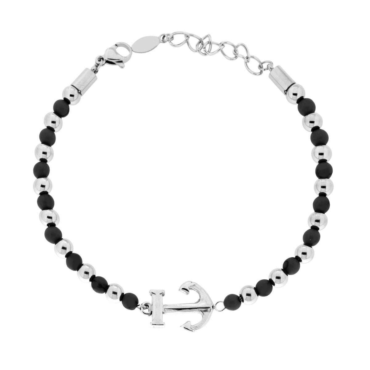 Bracciale Catena con Palline alternate a Pietre colore Nero e Ancora centrale in ACCIAIO