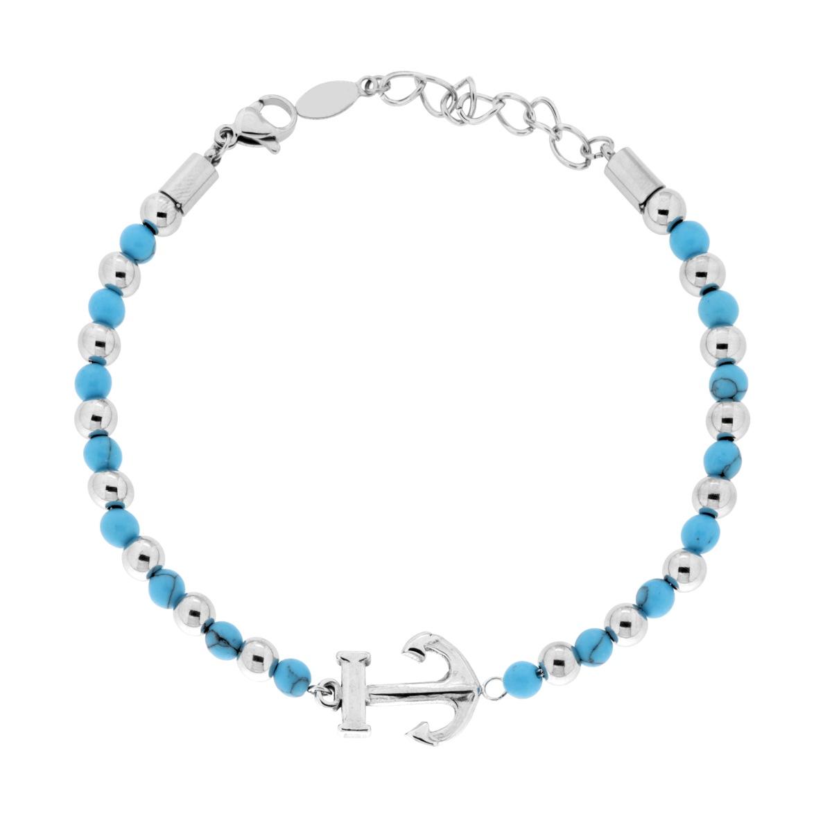 Bracciale Catena con Palline alternate a Pietre colore Turchese e Ancora centrale in ACCIAIO