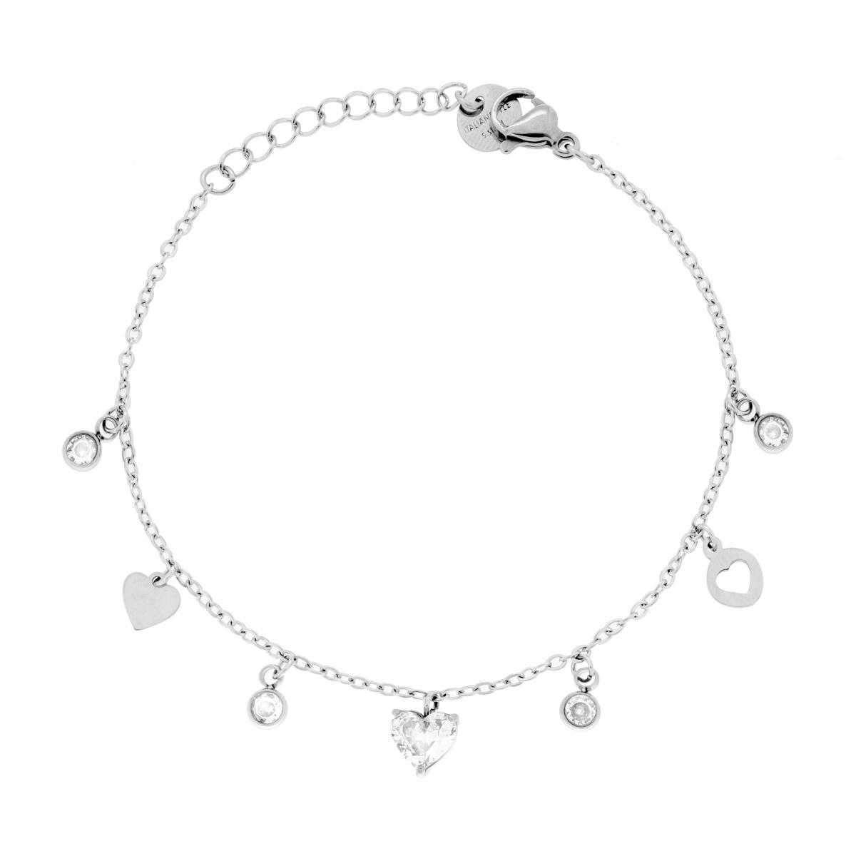 Bracciale Catena Forzatina Diamantata con Cuori pendenti e Crystal Bianchi in ACCIAIO