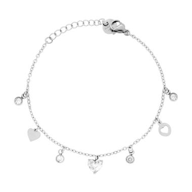 Bracciale Catena Forzatina Diamantata con Cuori pendenti e Crystal Bianchi in ACCIAIO