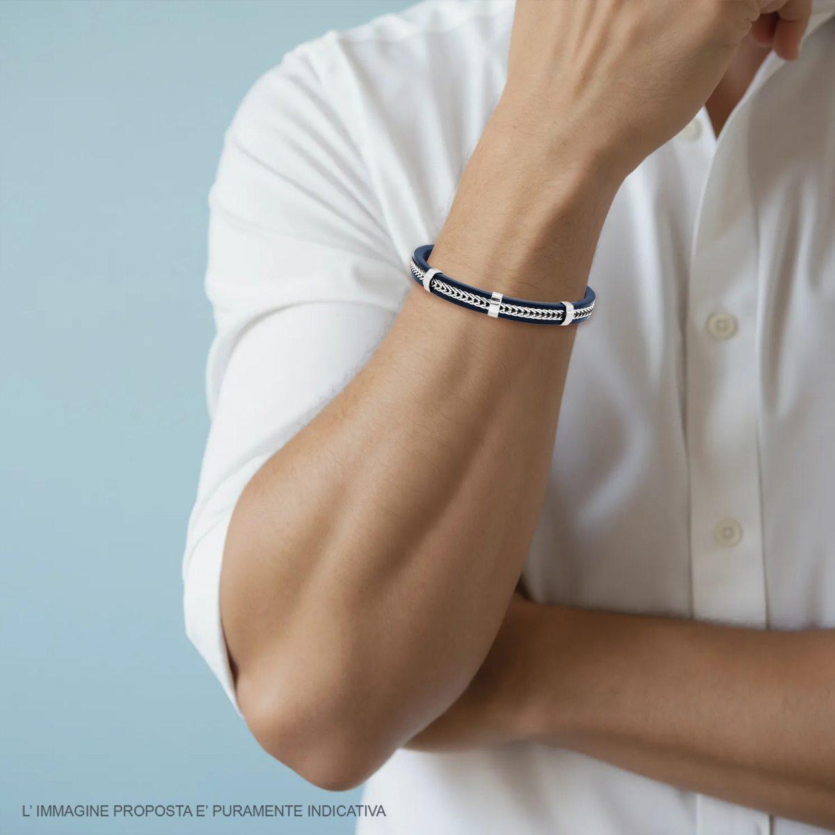 Bracciale Uomo in Ecopelle Blu con inserto Catena in ACCIAIO