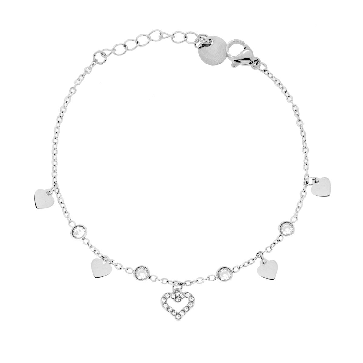 Bracciale Catena Forzatina Diamantata con Cuori pendenti e Crystal Bianchi in ACCIAIO