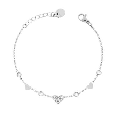 Bracciale Catena Forzatina Diamantata con Cuori e Crystal Bianchi in ACCIAIO