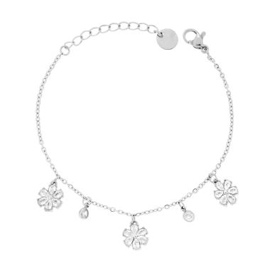 Bracciale Catena Forzatina Diamantata con Fiori pendenti e Crystal Bianchi in ACCIAIO