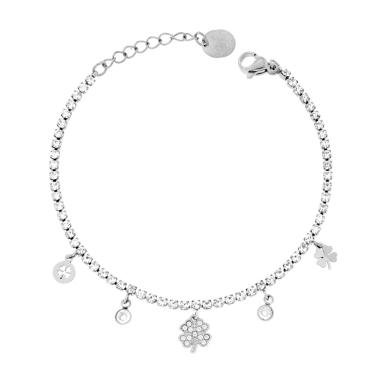 Bracciale Tennis con Quadrifogli pendenti e Crystal Bianchi in ACCIAIO