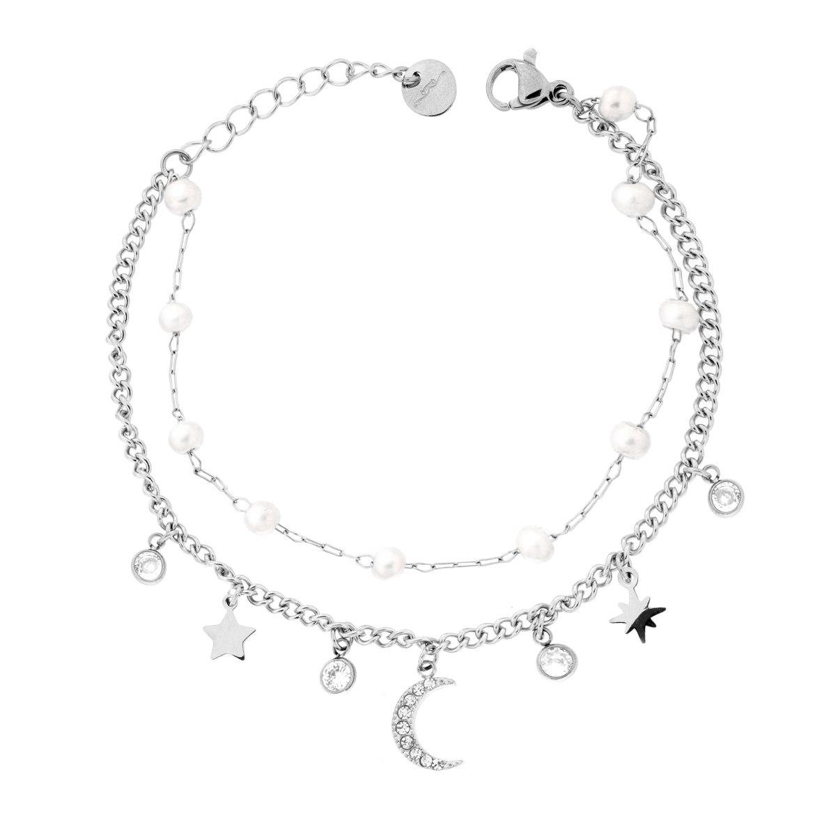 Bracciale due fili Catena Forzatina e Grumetta con Luna e Stelle pendenti Crystal Bianchi e Perle in ACCIAIO