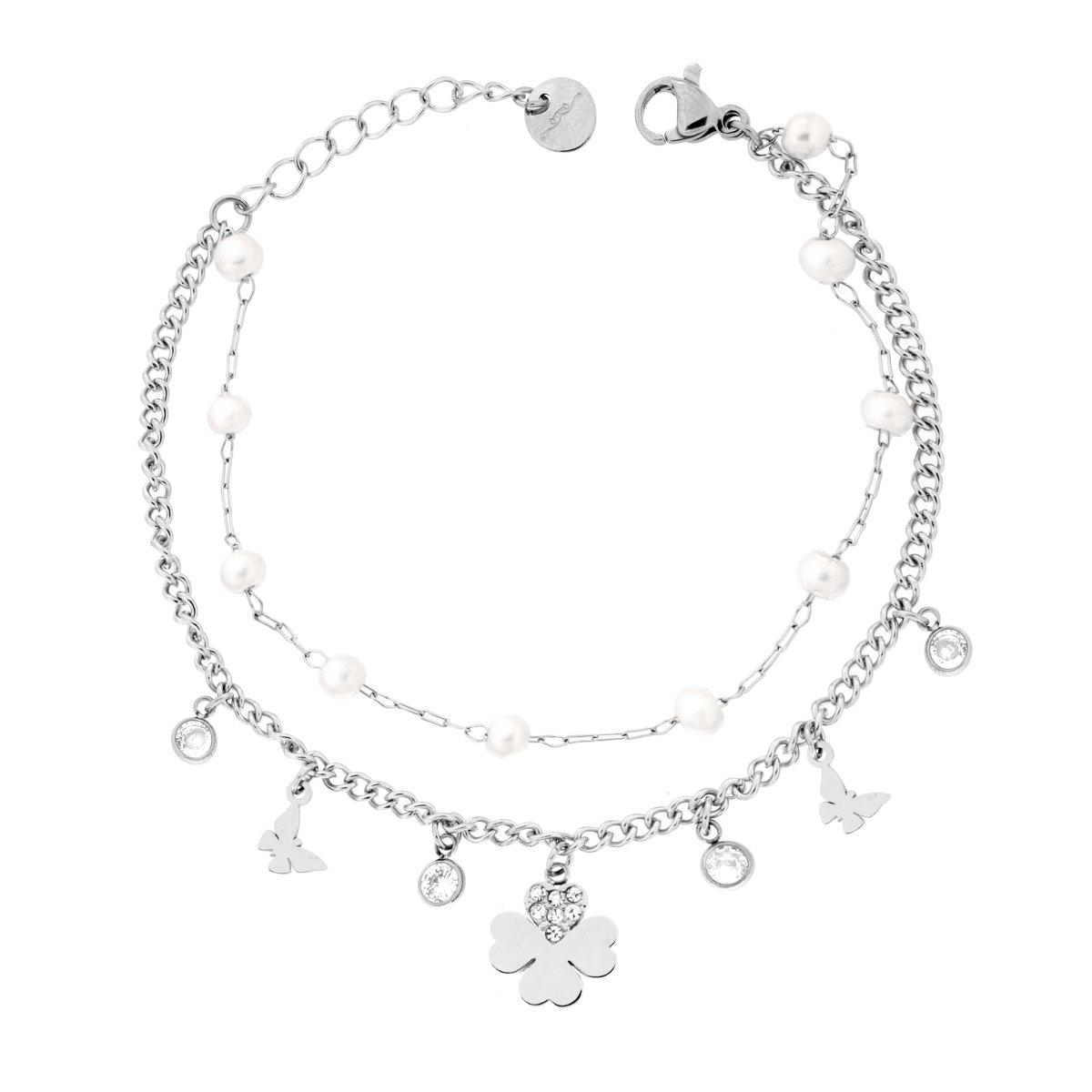 Bracciale due fili Catena Forzatina e Grumetta con Quadrifoglio e Farfalle pendenti Crystal Bianchi e Perle in ACCIAIO