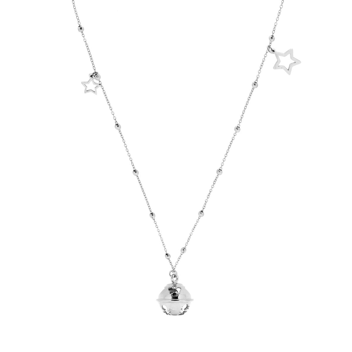 Collana Catena Forzatina Diamantata con Palline cm 90+5 con Chiama Angeli Traforato e Stelle pendenti in ACCIAIO