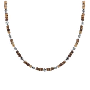 Collana Catena con Pietre Cilindriche effetto Naturale e Pietre Ematite in ACCIAIO