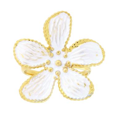 Anello Fiore con Smalto Perlato colore Bianco in ACCIAIO colore Oro