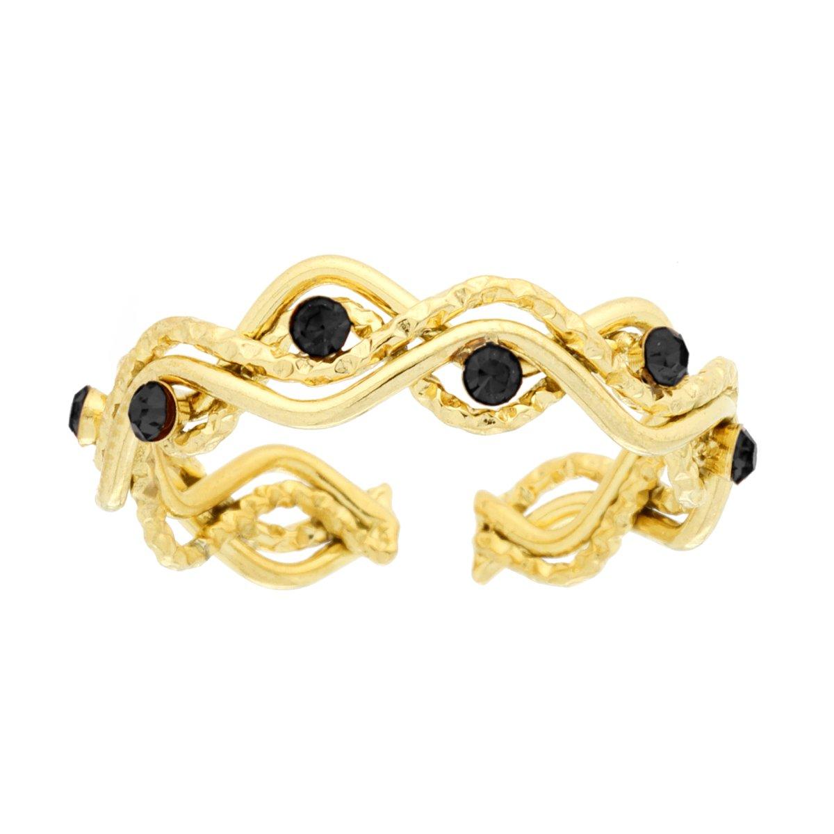 Anello Fili Ondulati con Crystal Neri in ACCIAIO colore Oro
