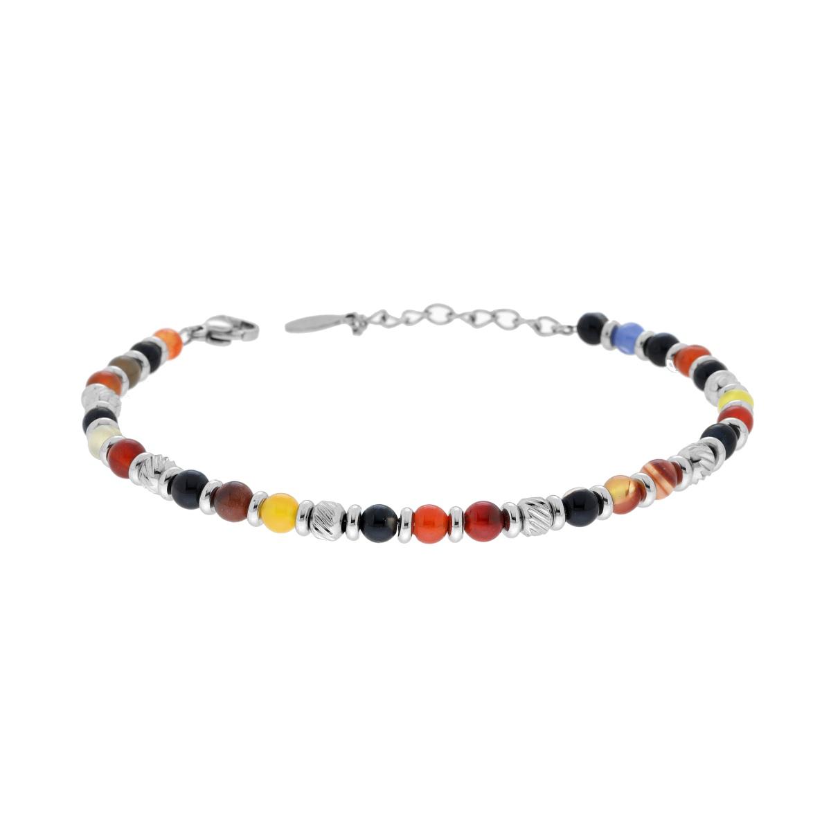 Bracciale Catena con Cilindri Diamantati alternati a Pietre Multicolor in ACCIAIO