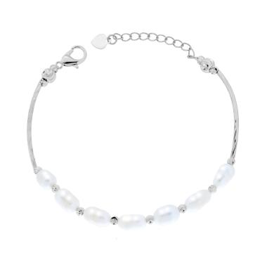 Bracciale Semirigido con Canna Diamantata e Catena di Perle Scaramazza Bianche in ACCIAIO