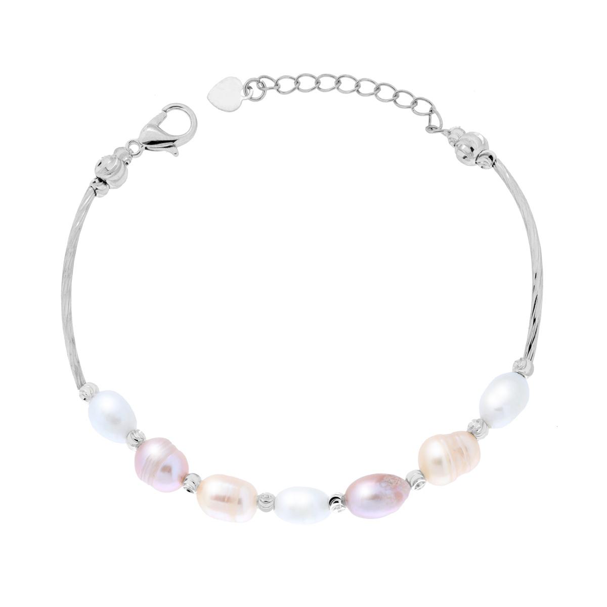 Bracciale Semirigido con Canna Diamantata e Catena di Perle Scaramazza Multicolor toni del Rosa in ACCIAIO