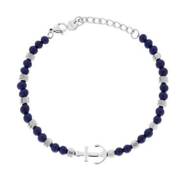 Bracciale Catena con Cilindri Diamantati alternati a Pietre colore Lapis Lazuli Blue e Ancora centrale in ACCIAIO