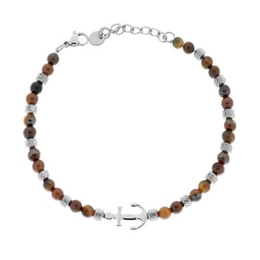 Bracciale Catena con Cilindri Diamantati alternati a Pietre colore Occhio di Tigre e Ancora centrale in ACCIAIO