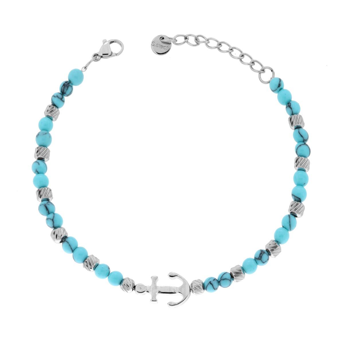 Bracciale Catena con Cilindri Diamantati alternati a Pietre colore Turchese e Ancora centrale in ACCIAIO