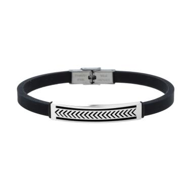 Bracciale Uomo in Caucciu PVC Nero con Targa e Decoro Geometrico in ACCIAIO