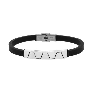 Bracciale Uomo in Caucciu PVC Nero con Targa e Decoro Geometrico in ACCIAIO