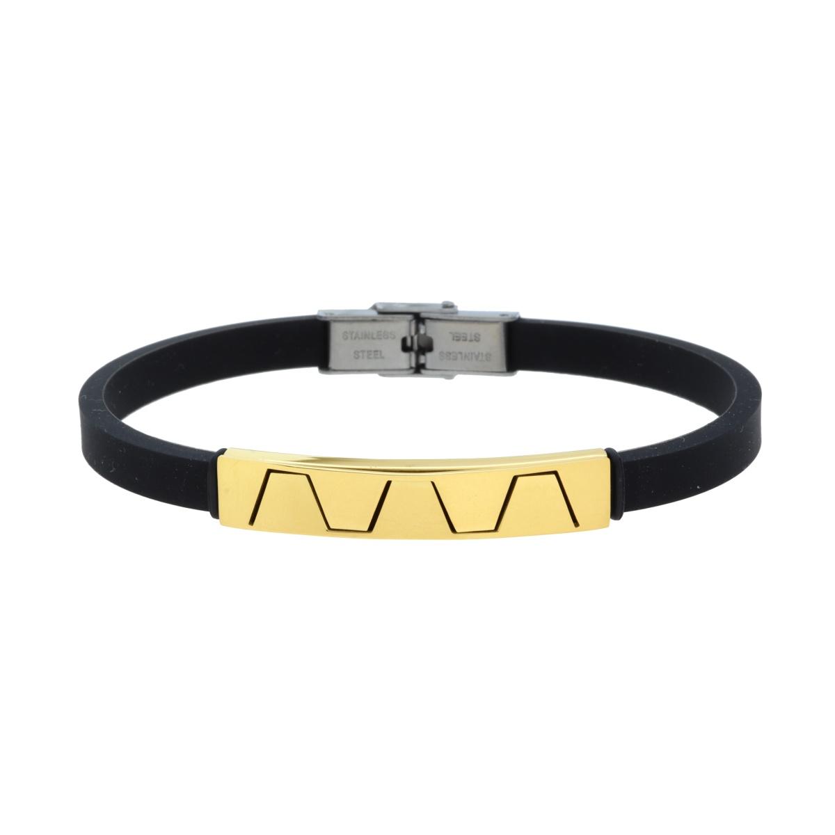 Bracciale Uomo in Caucciu PVC Nero con Targa colore Oro e Decoro Geometrico in ACCIAIO