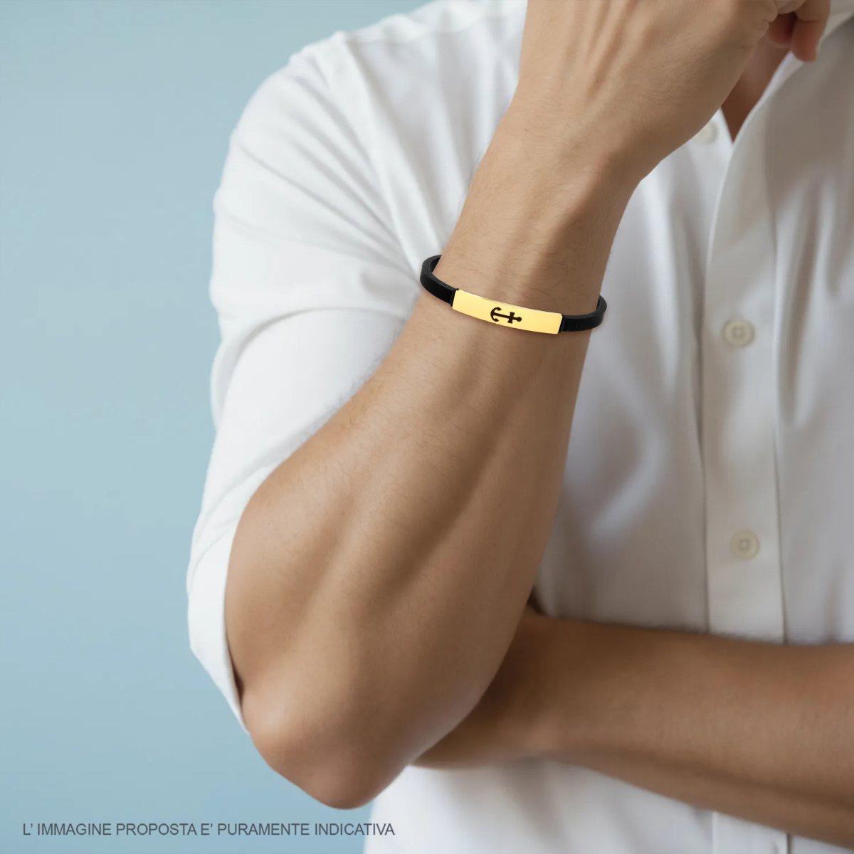 Bracciale Uomo in Caucciu PVC Nero con Targa colore Oro e Ancora in ACCIAIO