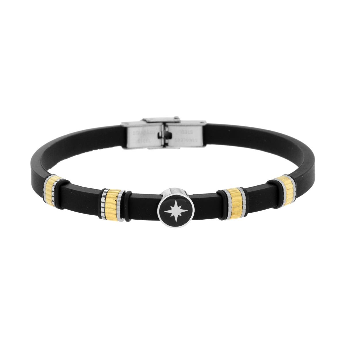 Bracciale Uomo in Caucciu PVC Nero con Accessori Dentellati colore Oro con Rosa dei Venti centrale in ACCIAIO
