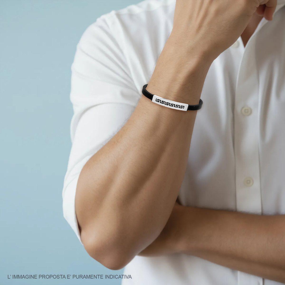 Bracciale Uomo in Caucciu PVC Nero con Targa e Decoro Geometrico in ACCIAIO