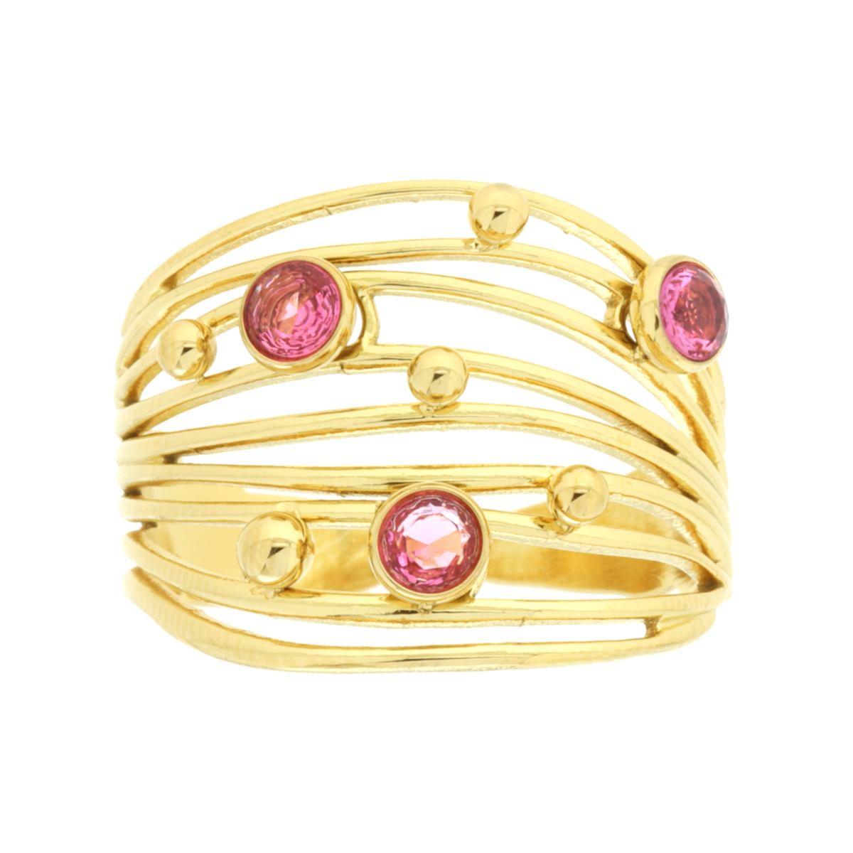 Anello Fascia Multifilo con Crystal Rosa in ACCIAIO colore Oro