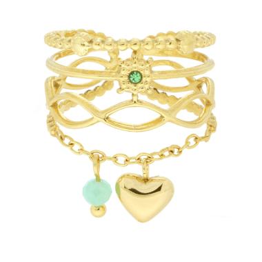 Anello Fascia Multifilo con Crystal Verde e Catena con Cuore bombato pendente in ACCIAIO colore Oro