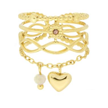 Anello Fascia Multifilo con Crystal Champagne e Catena con Cuore bombato pendente in ACCIAIO colore Oro